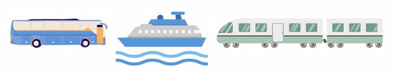 Graphic shows illustrations of a public transit bus, a water ferry, and a commuter train.