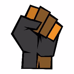 Graphic is a multi-color illustration of a raised fist from tan to black representing solidarity of people of color.