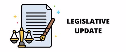 Illustration shows the scales of justice, a piece of paper and a pen. Beside it reads, "Legislative Update".