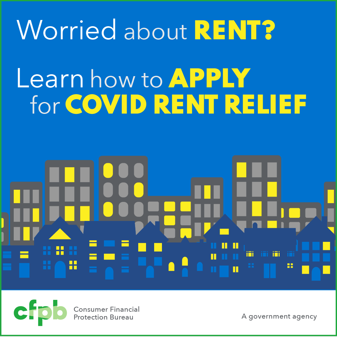 Image that reads "Worried about rent? Apply for COVID rent relief"