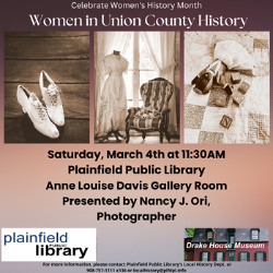 Women in UC History flyer showing Vicorian lady's shoes, dress, furniture, and girl's doll. Doll is an African American doll.