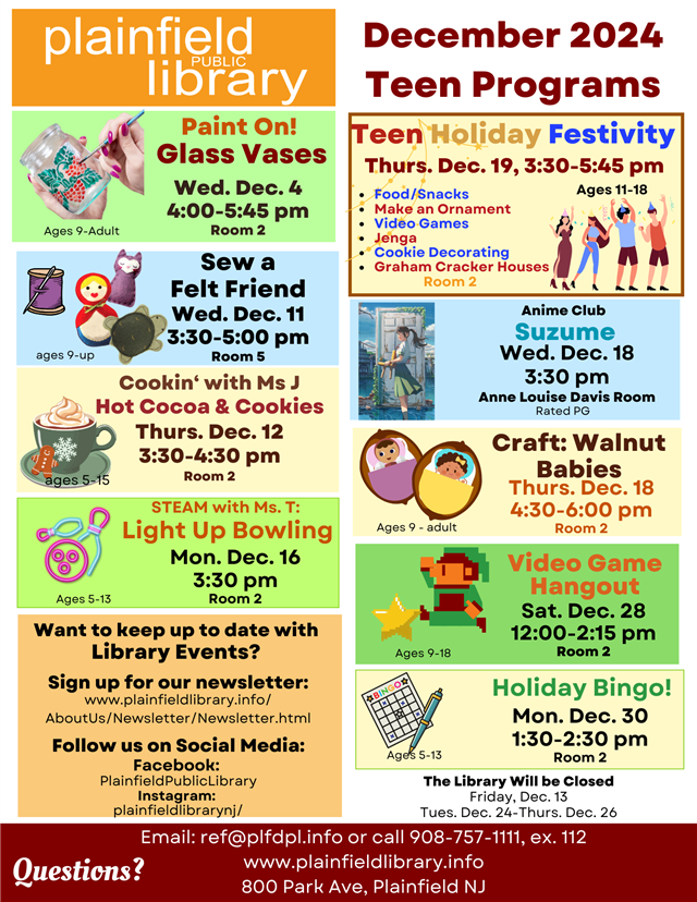 December Teen and Adult programs