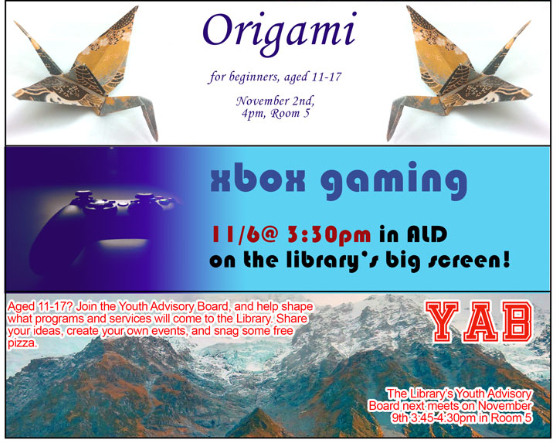 multiflyer for October and November events for teens.