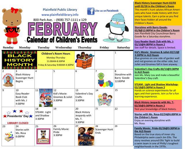 Children's Library Calendar February 2020