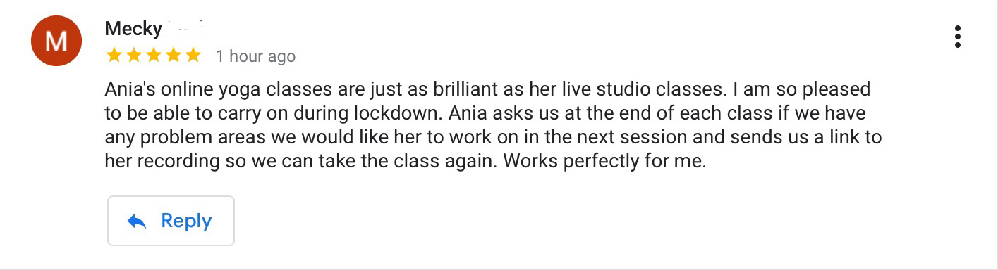 recent Yoga class review from Google Business