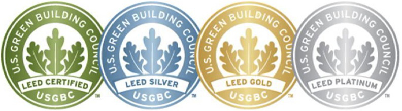 Illustration of the four LEED Certified plaques, including; Certified (green), Silver, Gold, and Platinum.