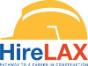 HireLAX logo, which consist of the words Hire in blue, LAX in red and a yellow hard hat on top following the length of the two words together. 