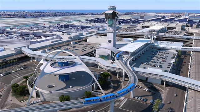 Aerial rendering of People Mover Train and LAX Theme building