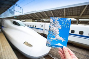 JR Rail Pass hochgehalten vor Shinkansen im Bahnhof